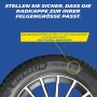 Michelin Reifen mit Felge und Größenangabe zur passenden Radzierblende.