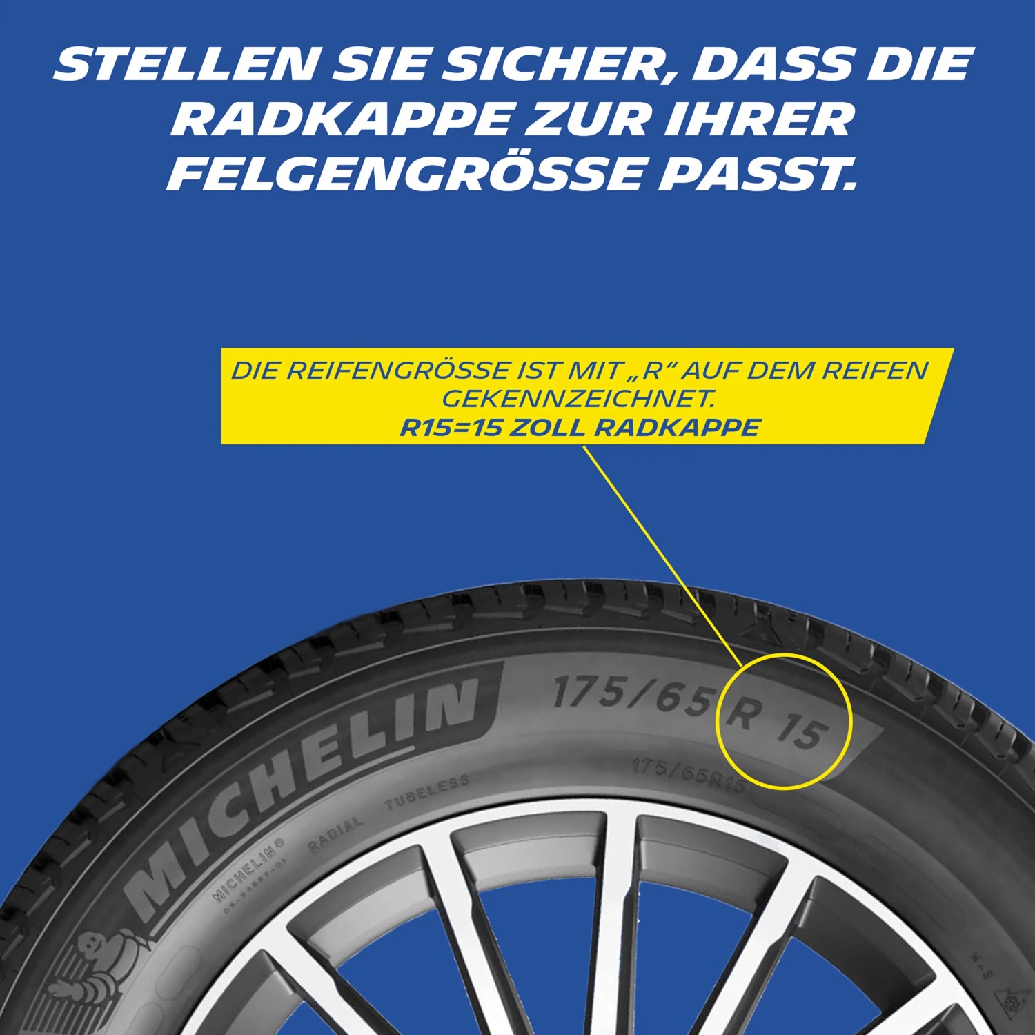 Michelin Reifen mit Felge und Größenangabe zur passenden Radzierblende.