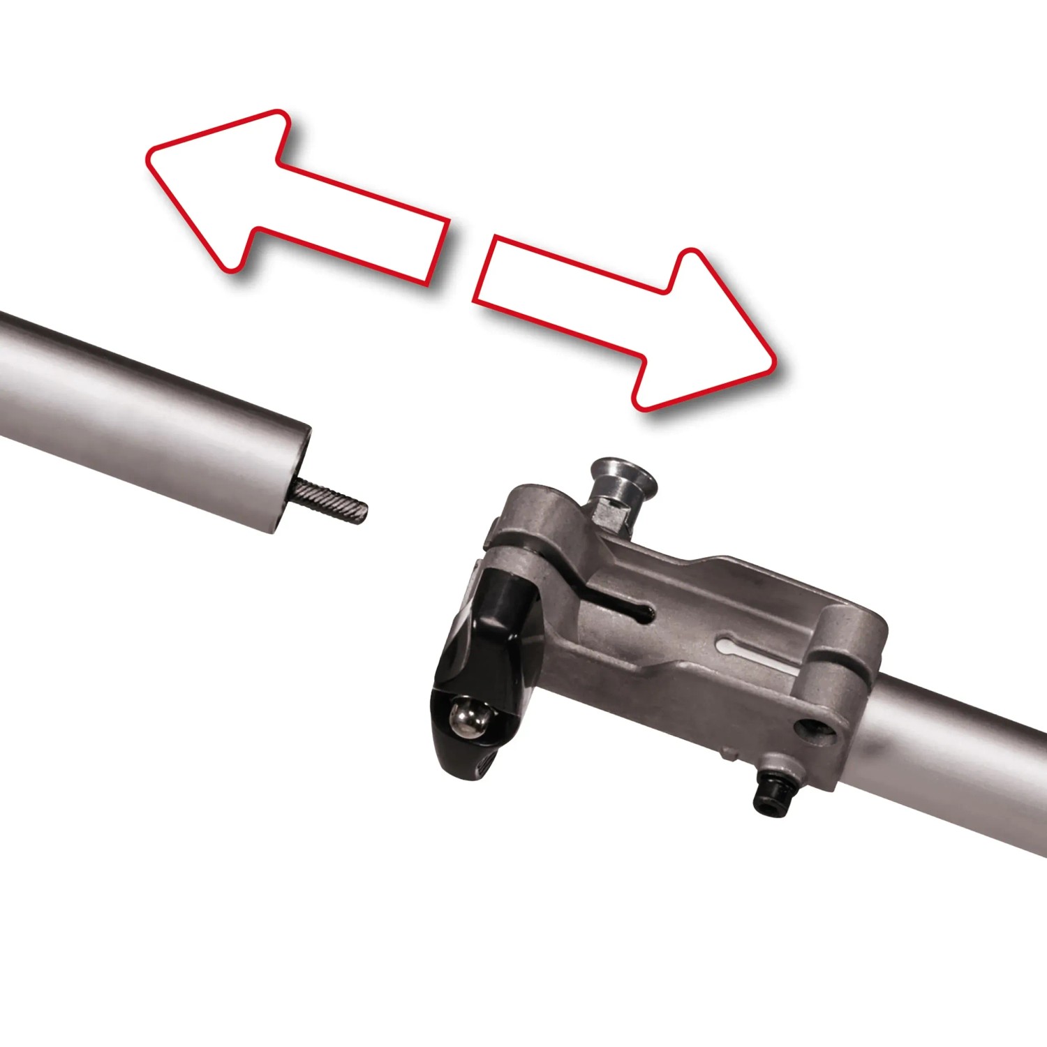 Einhell GC-MM 52 I AS: Detailaufnahme des teilbaren Schafts mit Pfeilen zur Veranschaulichung der Teilung.