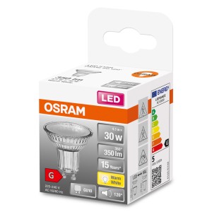 Osram GU10 LED-Lampe, 4,3W, warmweiß, 350 Lumen. Kompaktes Leuchtmittel für Wohnräume.
