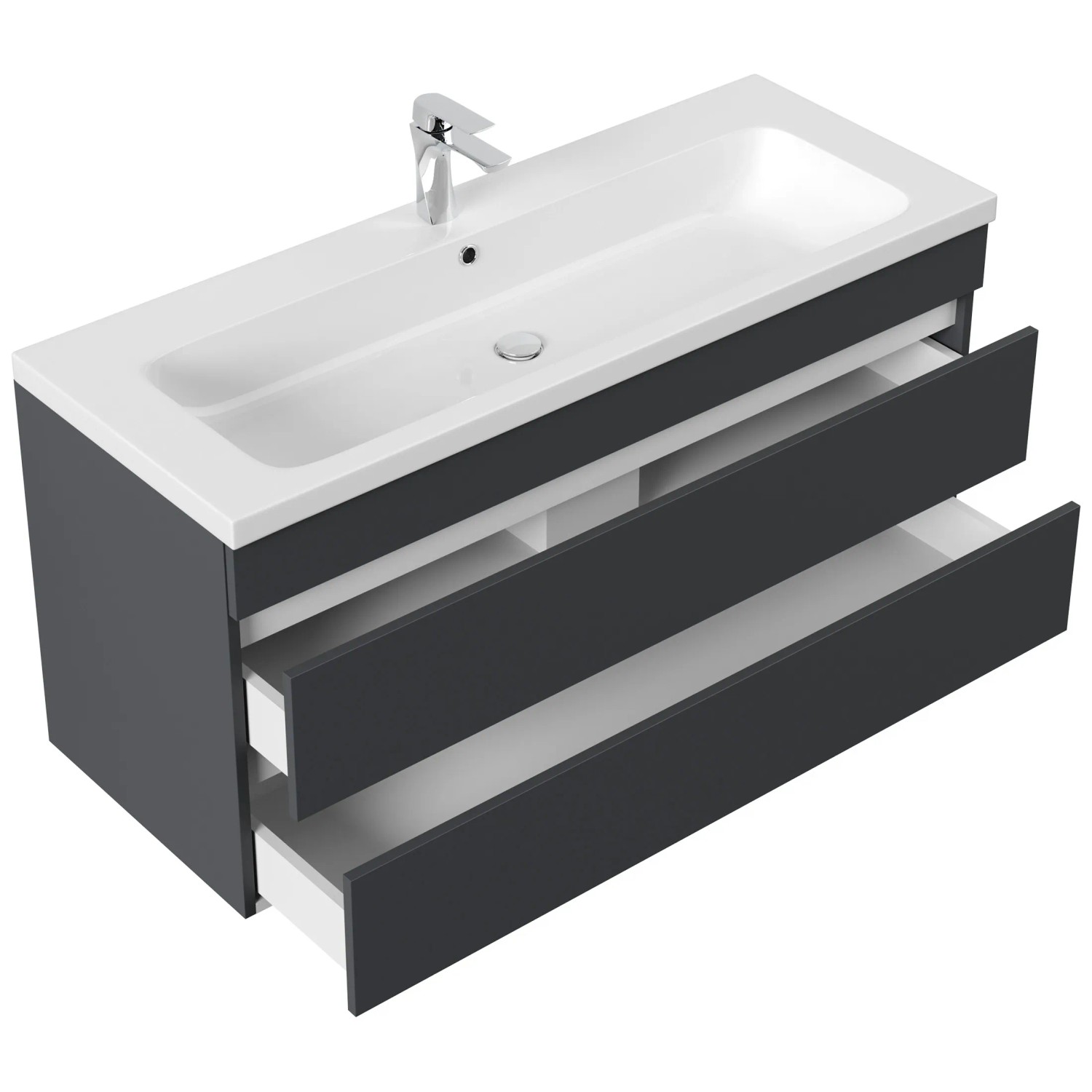 Posseik Badmöbel Fellini 120 in Grafit mit grifflosen Schubladen und Mineralgusswaschbecken.