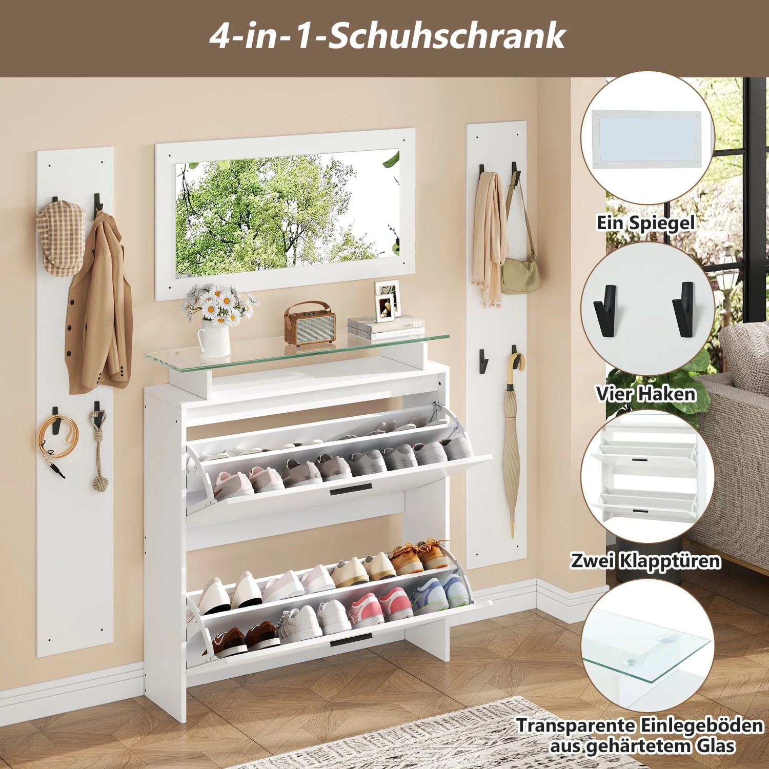 Merax Garderoben Set Hochglanz mit Spiegel Schuhschrank 8 Haken Weiß kaufen bei OBI