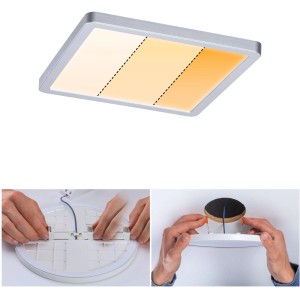 Paulmann LED-Einbaupanel Areo, 17,5x17,5cm, DimtoWarm, 13W, Chrom matt, mit Farbtemperatur-Optionen und Montagebeispielen.