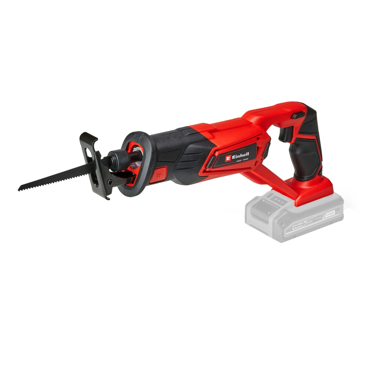 Einhell Akku-Universalsäge TE-AP 18 Li-Solo (ohne Akku). Kompakte, rote Säbelsäge mit Sägeblatt.