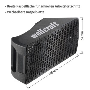 Schwarzer wolfcraft Blockhobel aus Kunststoff mit 150x57 mm Raspelfläche. Ergonomisches Design für Gipskarton & Holz.