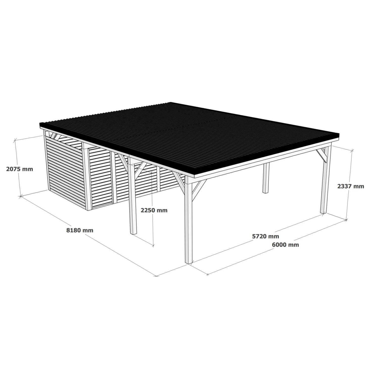 Skizze Doppelcarport Ralf mit Geräteraum, reinweiß, rotes Blechdach und Maßangaben.