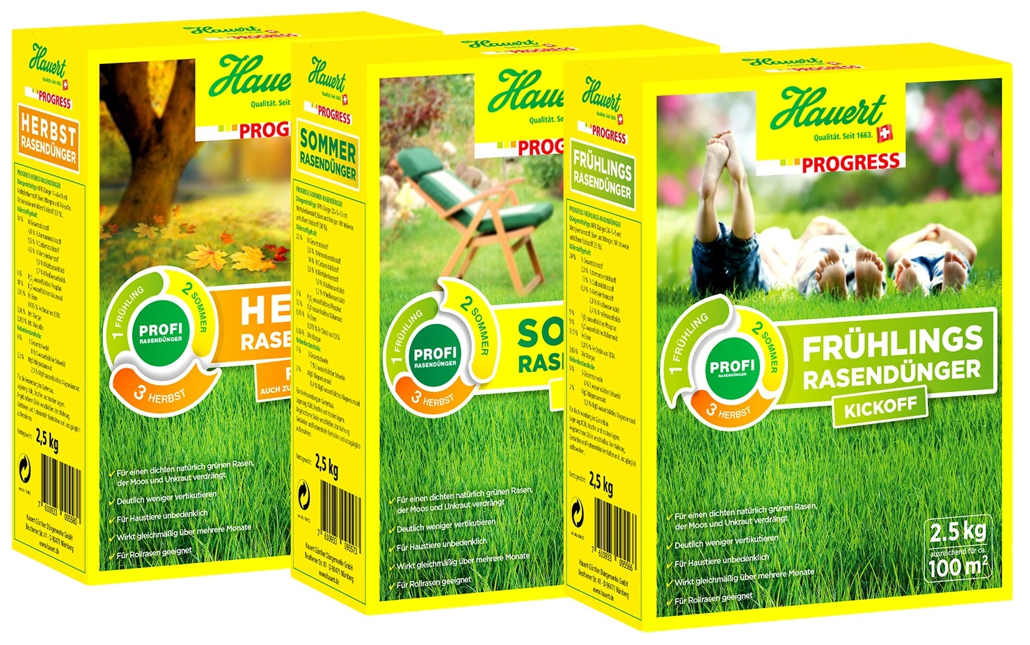 Hauert Progress RasendüngerSet für Frühling, Sommer, Herbst 3 x 2,5 kg