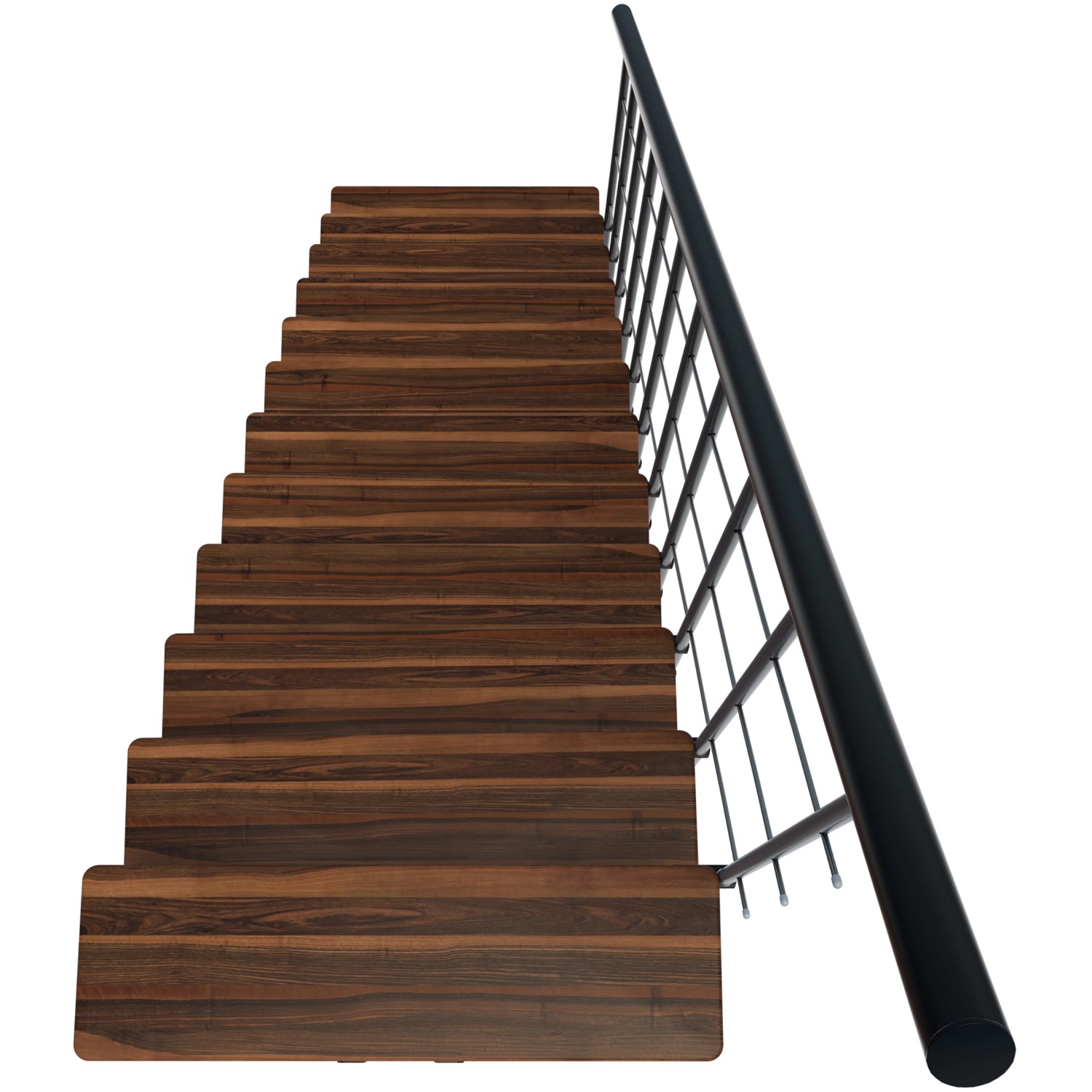 Minka Mittelholmtreppe Comfort Top in Walnuss/Schwarz, Treppe mit Holzstufen und schwarzem Geländer.