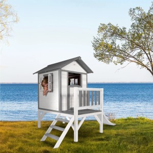 Axi Lodge XL Spielhaus mit Rutsche, klassisches Design in Weiß/Grau, für Kinder ab 2 Jahren.