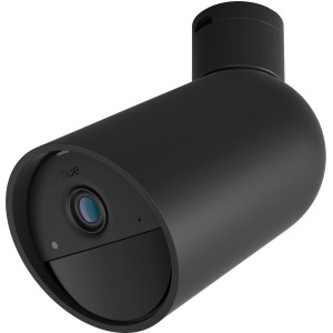 Schwarze, kabellose Philips Hue Secure Kamera zur Videoüberwachung für Innen & Außen.