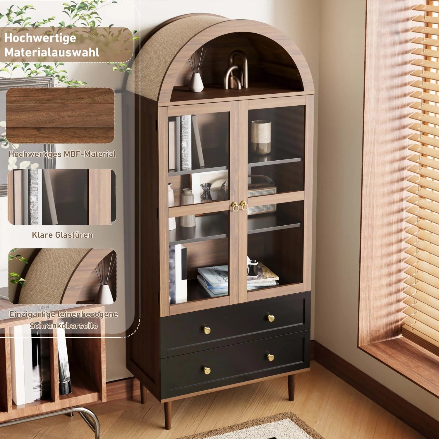 okwish Kommode mit Gewölbtem Glas Verstellbaren Regalen Wohnzimmer 70x38x165cm Schwarz_8