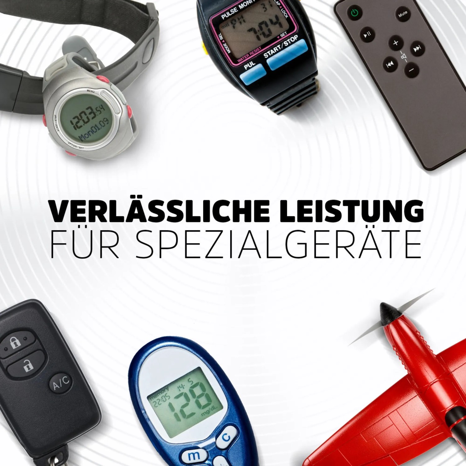 Verschiedene Geräte, die Knopfzellen benötigen: Pulsuhr, Fernbedienung, Blutzuckermessgerät, Autoschlüssel, Spielzeugflugzeug.