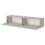 Selsey Veldio TV-Hängeboard, 140 cm, in Greige mit geöffneten Lamellenfronten. Modernes TV-Möbel mit zwei Fächern.