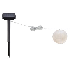 Solar-Lichterkette Martelli mit weißen Lampions und Solarpanel mit Erdspieß.