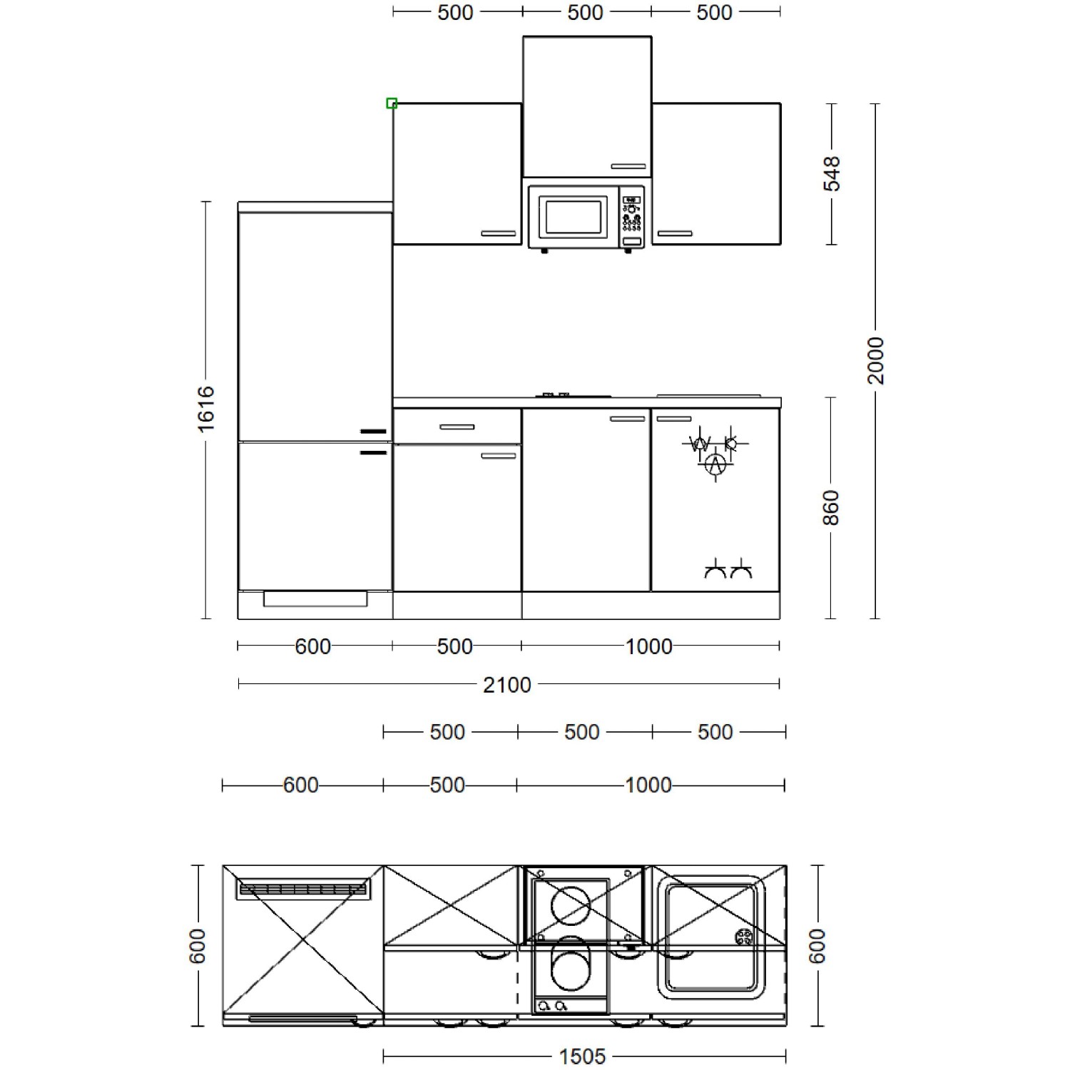 Skizze der Flex-Well Exclusiv Küchenzeile Abaco 210 cm in Perlmutt glänzend und Akazie, Maße und Aufteilung.