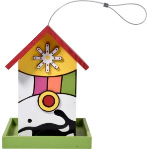 Farbenfrohes Dobar Vogelhaus Ambiente Nana aus FSC®-Holz mit rotem Dach und Kordel zum Aufhängen.