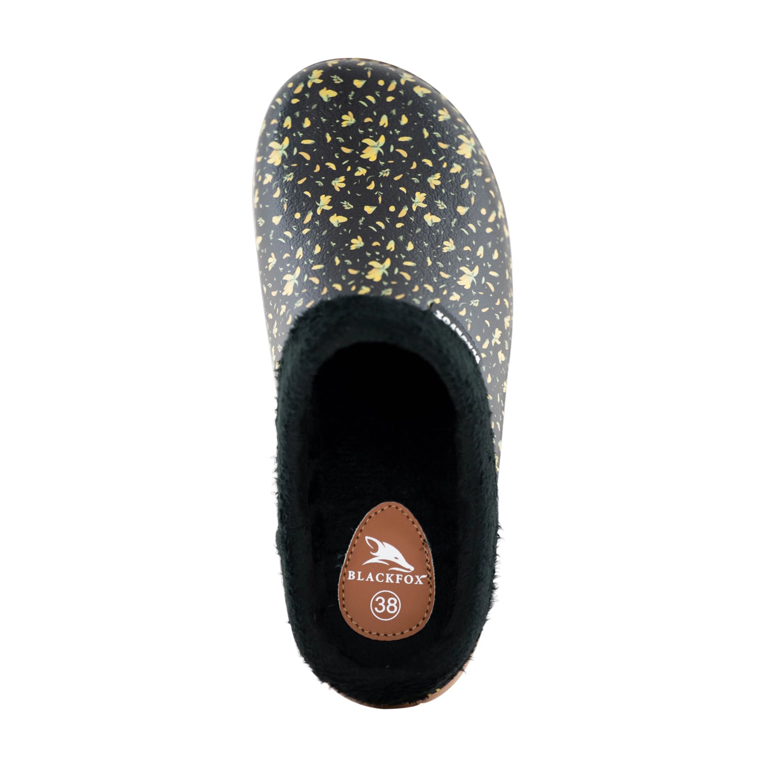 Blackfox Clog Ketti, schwarz mit gelbem Muster, Größe 37, gefütterte Gartenbekleidung.