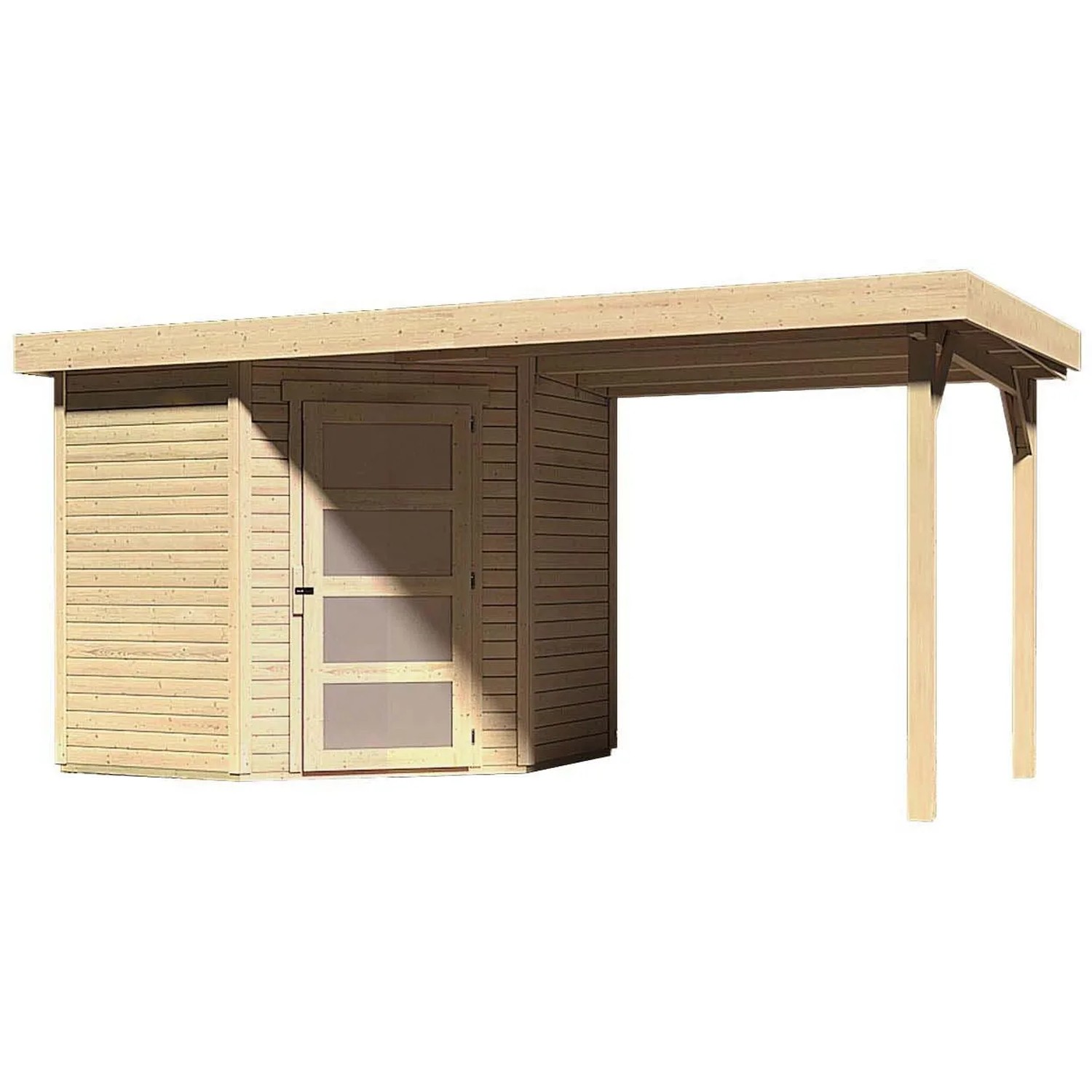 Unbehandeltes Karibu Holz-Gartenhaus Linköbing mit Flachdach und Anbau.
