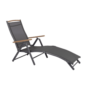 Dunkelgrauer Yes Sessel Niagara, verstellbarer Gartenstuhl mit Holzarmlehnen für entspanntes Outdoor-Vergnügen.