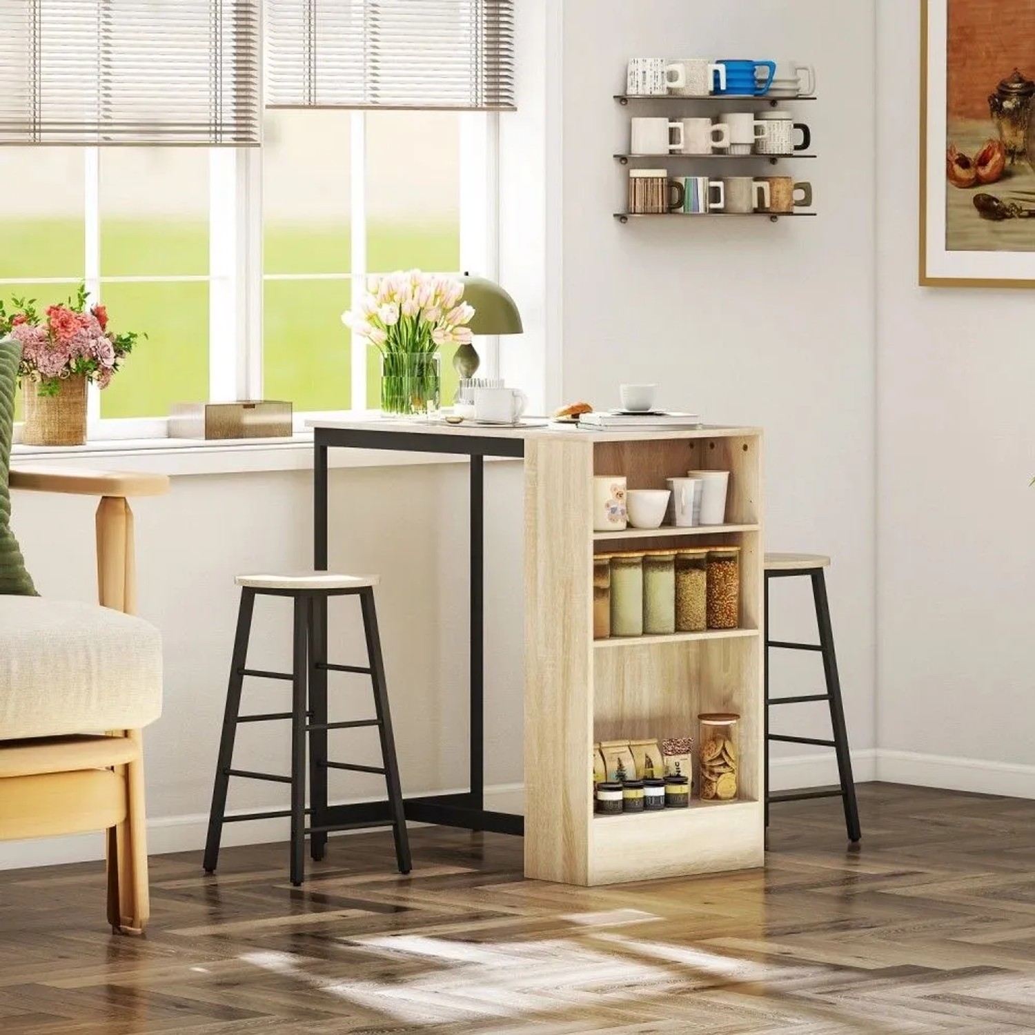 HOMCOM Bartisch Set Eiche mit 2 Barhockern & Regal. Modernes 3-teiliges Stehtisch-Set für Küche/Esszimmer.