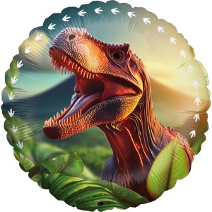 Runder, grüner Folienballon mit realistischem Dino-Motiv (Ø 45cm) für Partys.