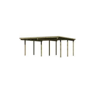 Karibu Doppelcarport Eco aus Holz mit PVC Dachplatten und stabilen Pfosten.