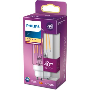 Philips GU10 LED-Lampe, 4,5W, warmweiß, 470 Lumen, Energieeffizienzklasse F. Kompakte Bauform.
