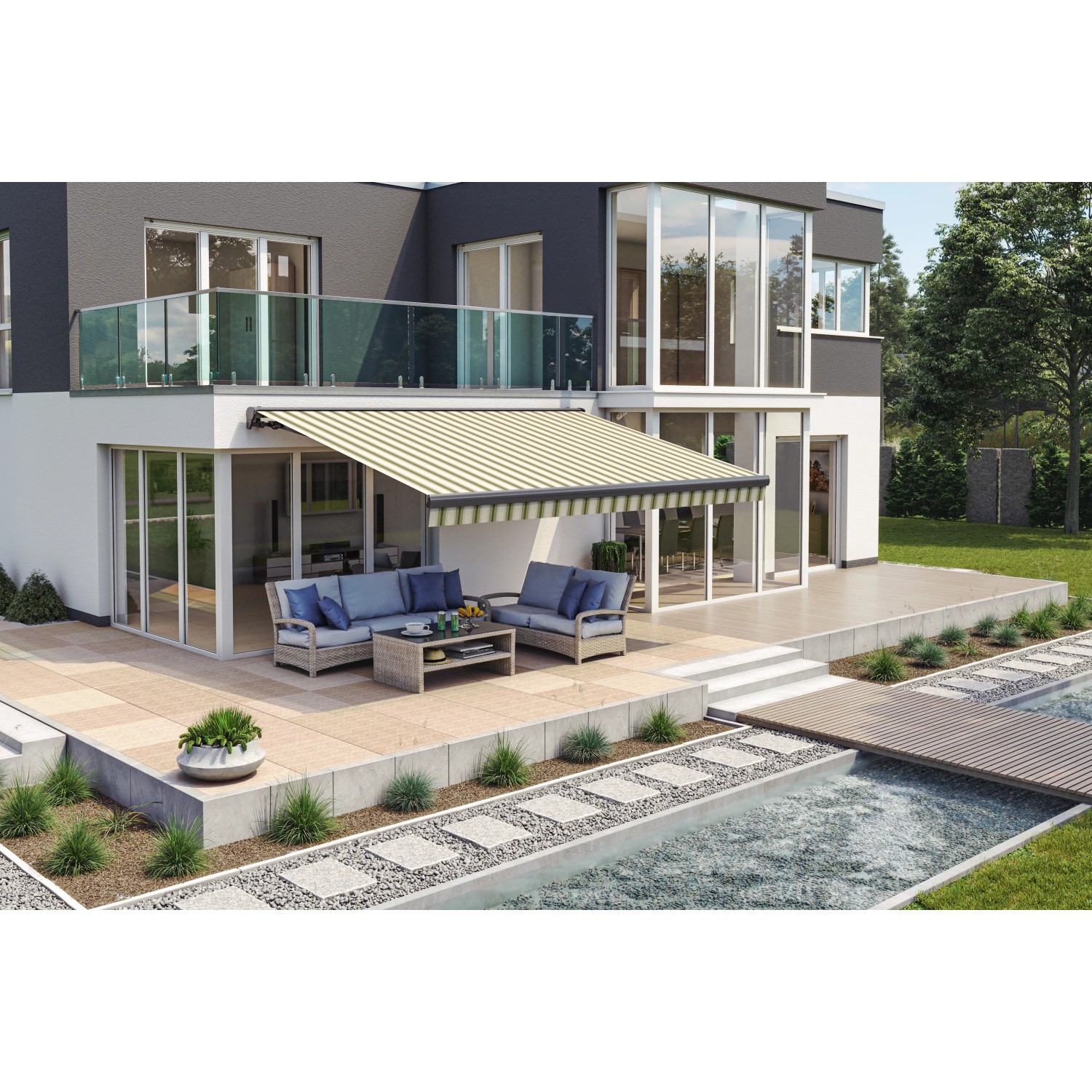 Beige-grüne Wismar Teilhülsenmarkise (250x150 cm) am Haus mit Sitzgruppe auf der Terrasse.
