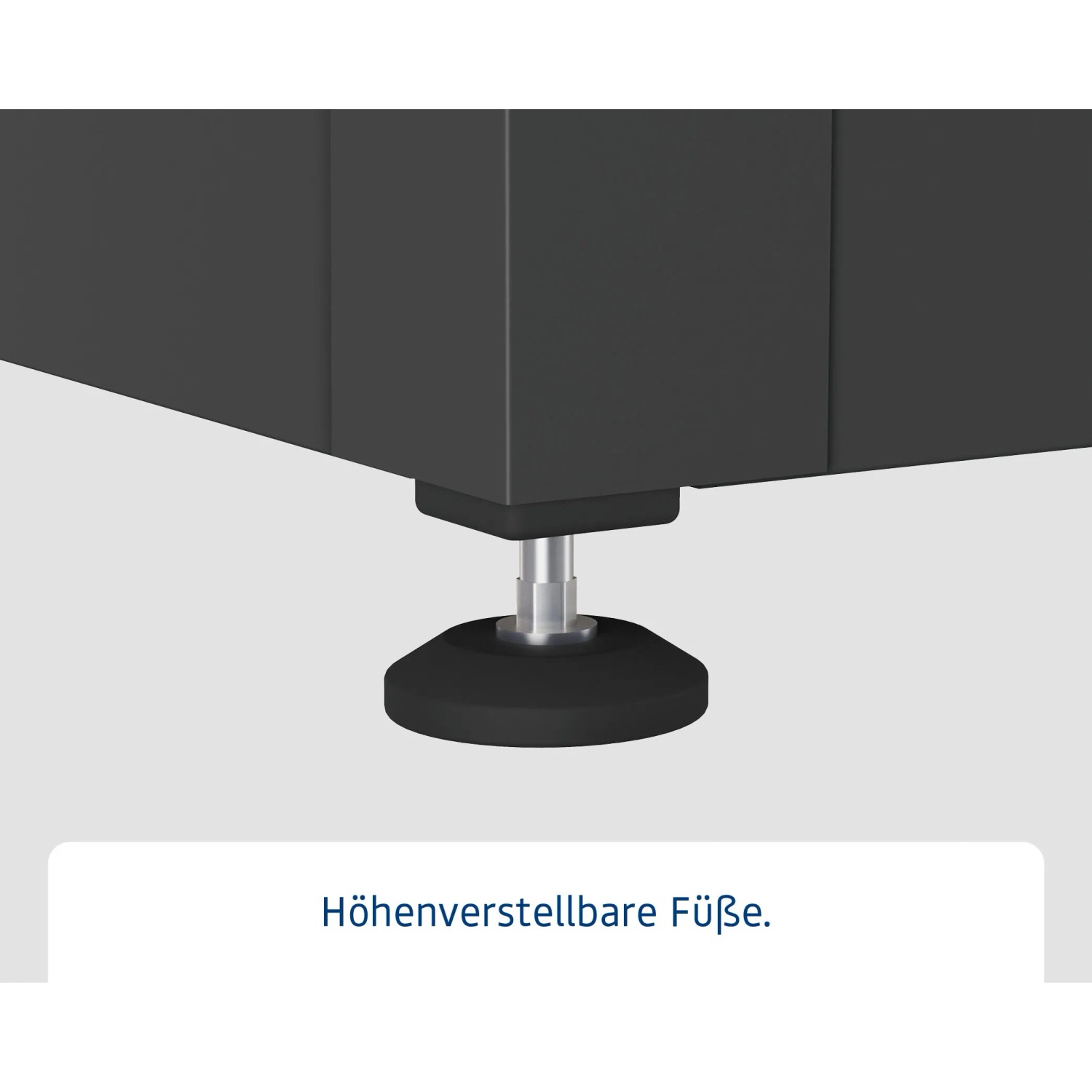 Detailaufnahme: Höhenverstellbare Füße der EcoStar Gartenbox in Anthrazit Grau.