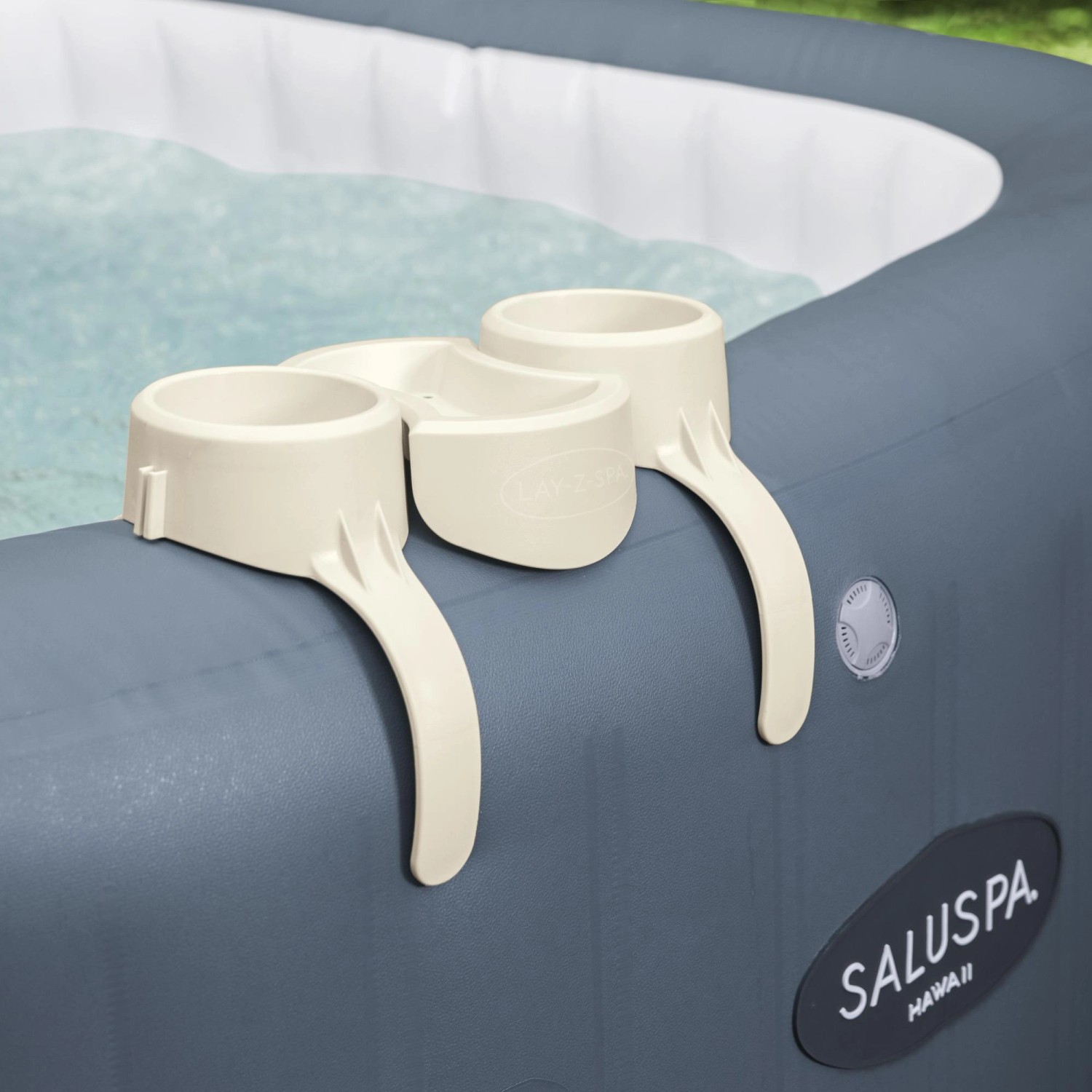 Bestway Getränkehalter Xtras für Lay Z Spa Whirlpool, mit 2 Haltern und Ablage, am Beckenrand befestigt.