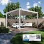 Weide Deluxe Voll-Alu Pergola 3,6x4m in Ivory Sand mit Lamellendach auf Holzterrasse. Ideal für Garten & Sonnenschutz.