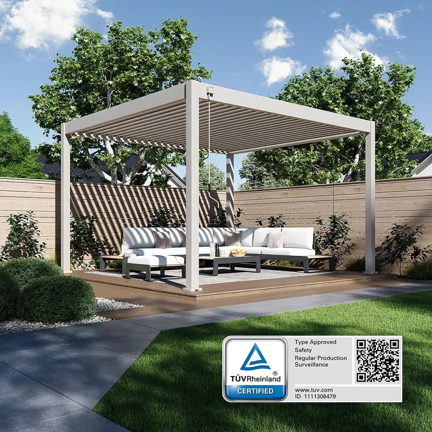 Weide Deluxe Voll-Alu Pergola 3,6x4m in Ivory Sand mit Lamellendach auf Holzterrasse. Ideal für Garten & Sonnenschutz.
