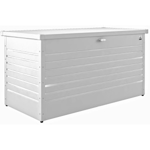 Weiße Biohort Freizeitbox 160 High, eine Universalbox für Gartenutensilien mit abschließbarem Deckel.