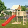 Karibu Spielturm Lotti mit Doppelschaukel, roter Rutsche und Kletterwand im Garten.