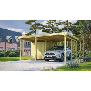 Weka Einzelcarport mit Geräteraum aus Holz, inkl. Auto. Ideal als Unterstand & Abstellraum.