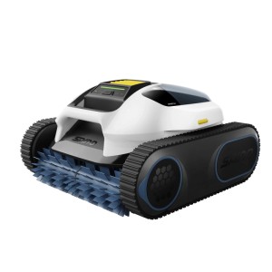 Weißer Akku-Poolreinigungsroboter Spino E1 mit schwarzen Raupenketten und blauer Bürste für Pools.