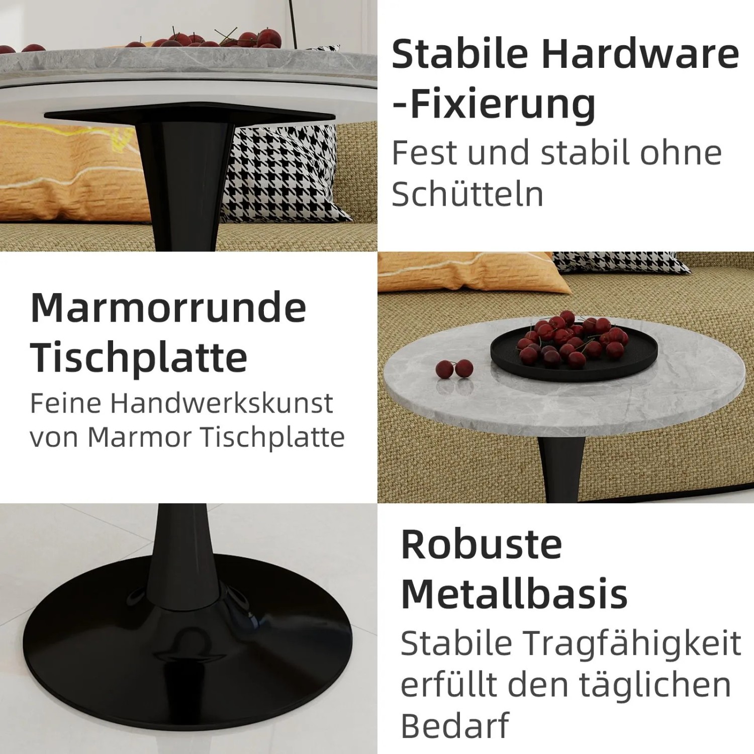 okwish Couchtisch mit Marmor Tischplatte Wohnzimmer Esszimmer 70x70x72cm Grau_8