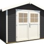 Weka Gartenhaus 122 Gr.1, Satteldach, anthrazitfarben, mit weißer Doppeltür.