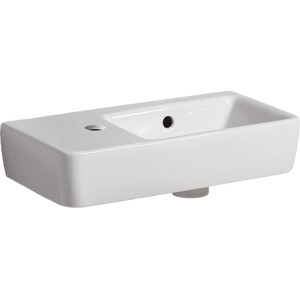 Weißes Geberit Renova Compact Handwaschbecken, 50 cm, Hahnloch links, für kleine Bäder.