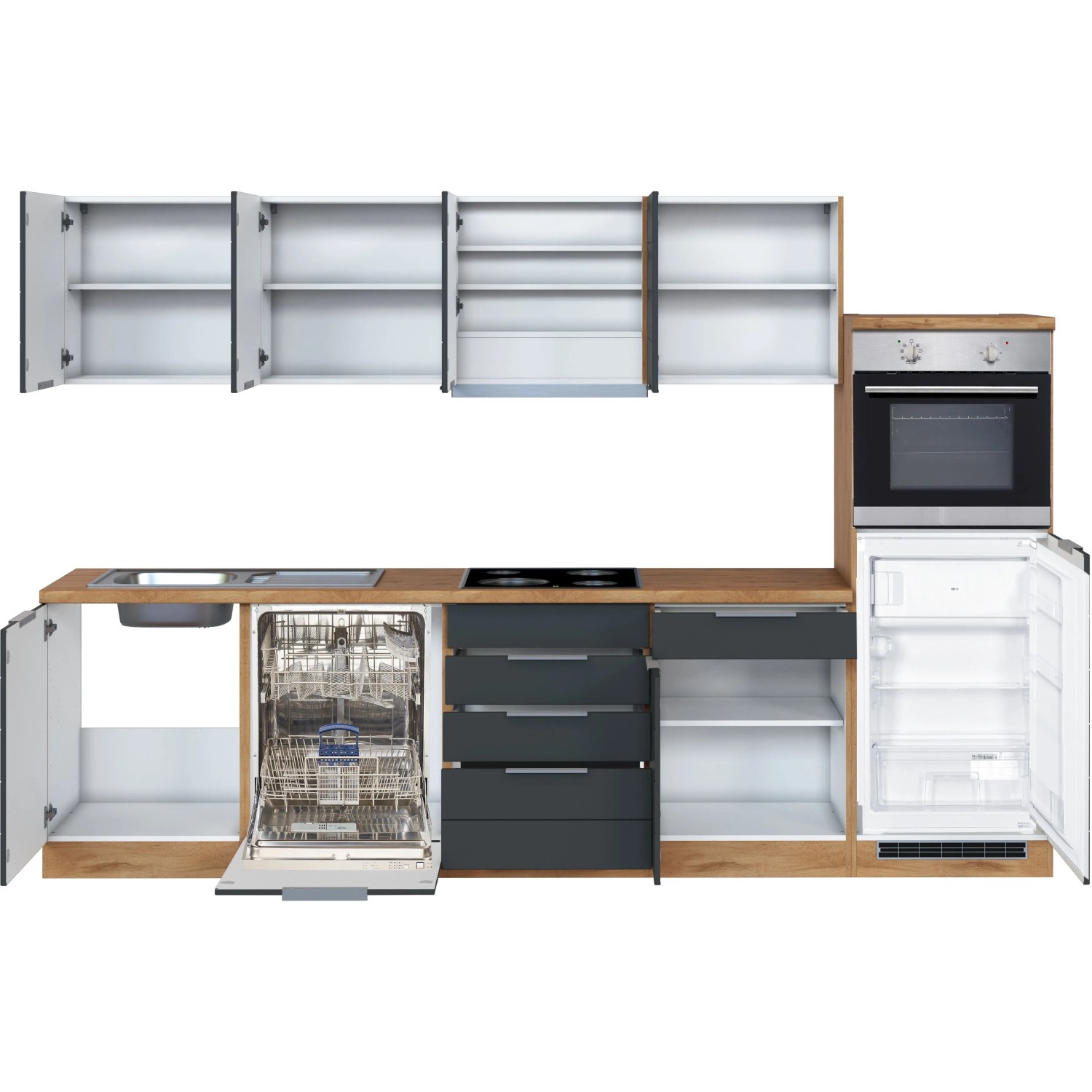 Moderne Küchenzeile in Grau- und Wotaneiche-Optik mit E-Geräten. Komplett ausgestattete Einbauküche.
