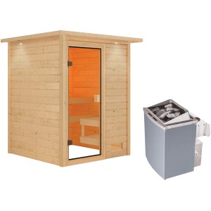 Woodfeeling Sauna Sandra mit Ofen, LED-Dachkranz. Massivholzsauna mit Glastür und zwei Saunabänken.