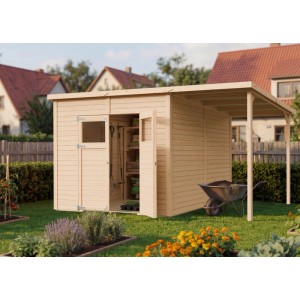 Bertilo Elementgartenhaus Amrum 4 Plus XL aus Holz mit Unterstand im Garten.