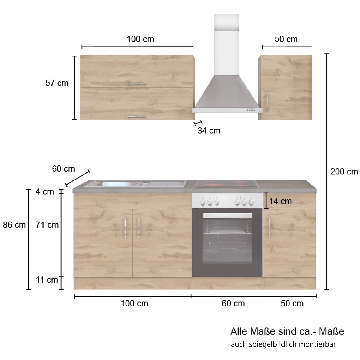 Held Möbel Küchenzeile Sorrento, 210 cm, Weiß- und Wotaneiche-Optik, mit E-Geräten und Maßen.
