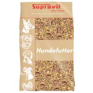 Supravit Mix Super Trockenfutter für Hunde in beiger Packung mit bunten Kroketten und Hunde-Silhouetten.