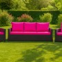 Gartenmöbel-Set: Polyrattan Sofa und Sessel mit rosefarbenen Kissen. Sitzkissen & Gartenstuhlauflagen.