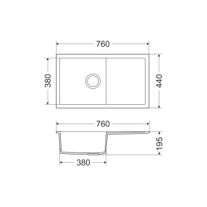Skizze der weißen Miló Einbauspüle Blissano 76 aus Granitverbundstoff mit Maßangaben.