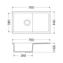 Skizze der weißen Miló Einbauspüle Blissano 76 aus Granitverbundstoff mit Maßangaben.