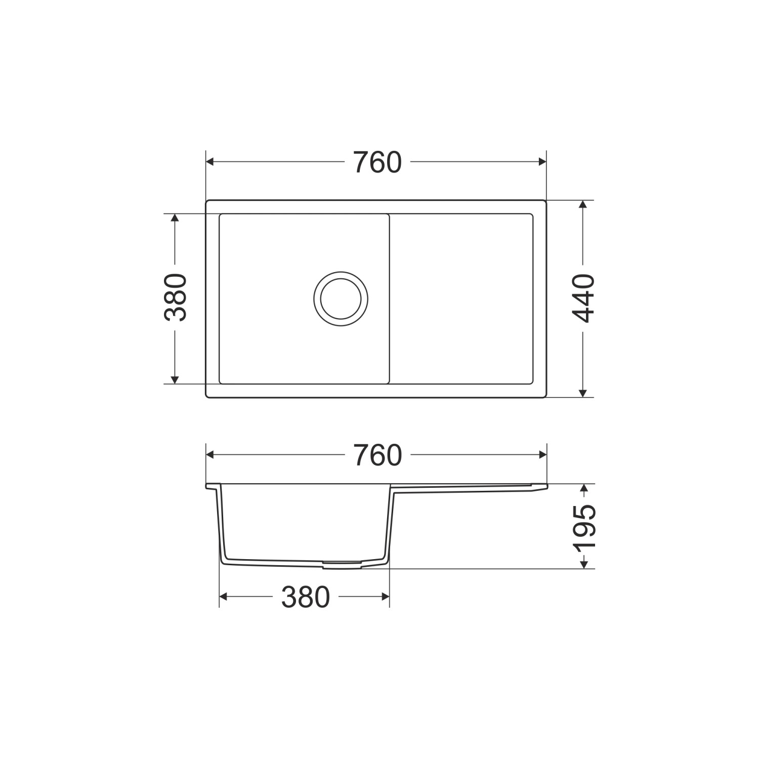 Skizze der weißen Miló Einbauspüle Blissano 76 aus Granitverbundstoff mit Maßangaben.