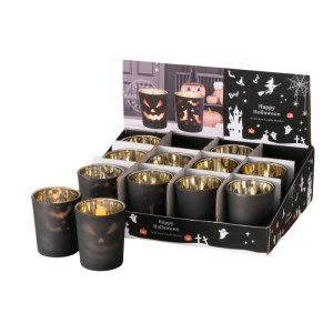 Boltze Halloween Teelichthalter aus Glas, schwarz-gold, mit Kürbis- & Fledermausmotiven im Display.
