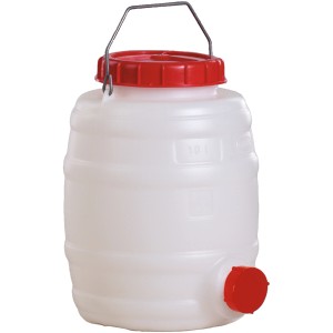 Rundes, transparentes 10 l Kunststofffass von Graf mit rotem Deckel und Auslaufhahn.